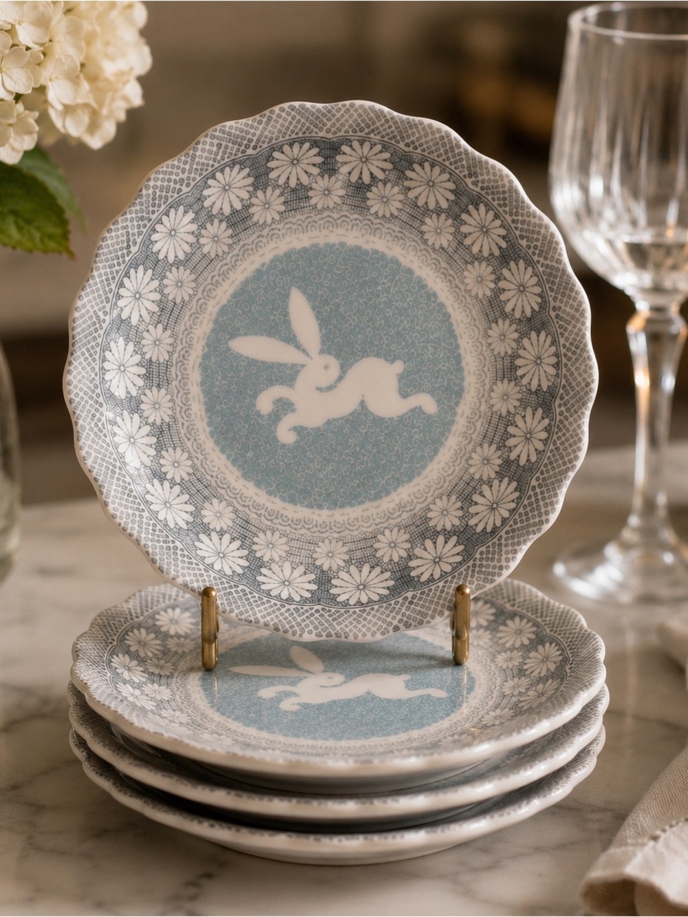 Vtg KOTOBUKI JAPAN 4-pc Whimsical Aqua Floral Rabbit Scalloped Plates #0730265